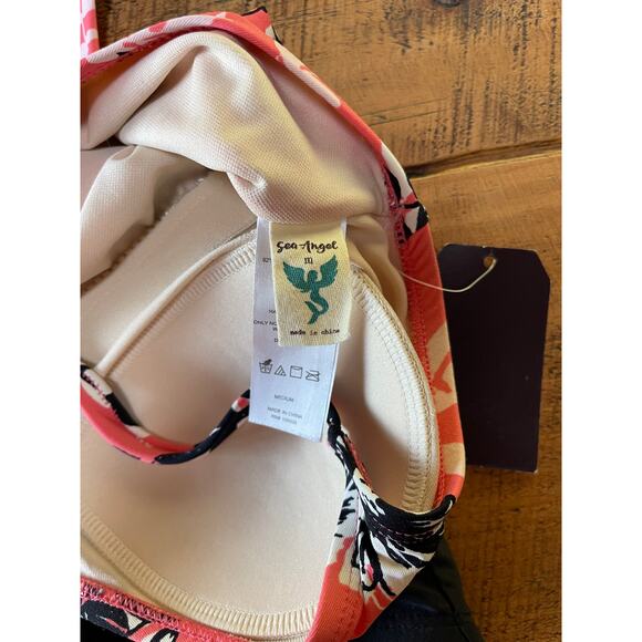 NWT Womens Sea Angel Coral Peach Black Floral Halter One Piece Swimming Suit‎ M - Picture 8 of 9